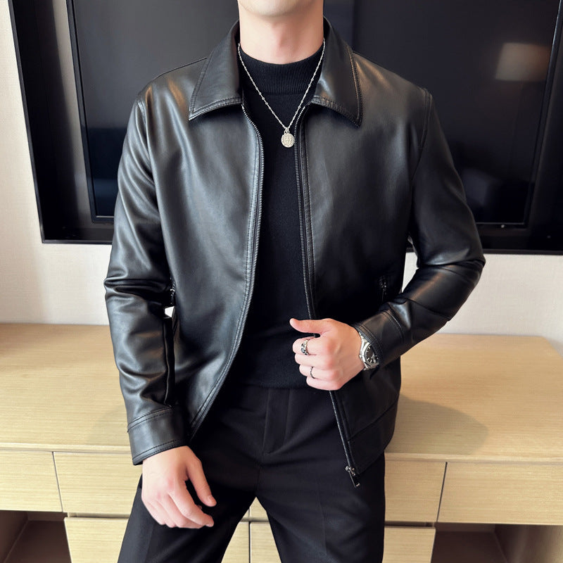 Men’s Leather Jacket with Lapel Collar – Light Business Style Autumn Winter Outerwear