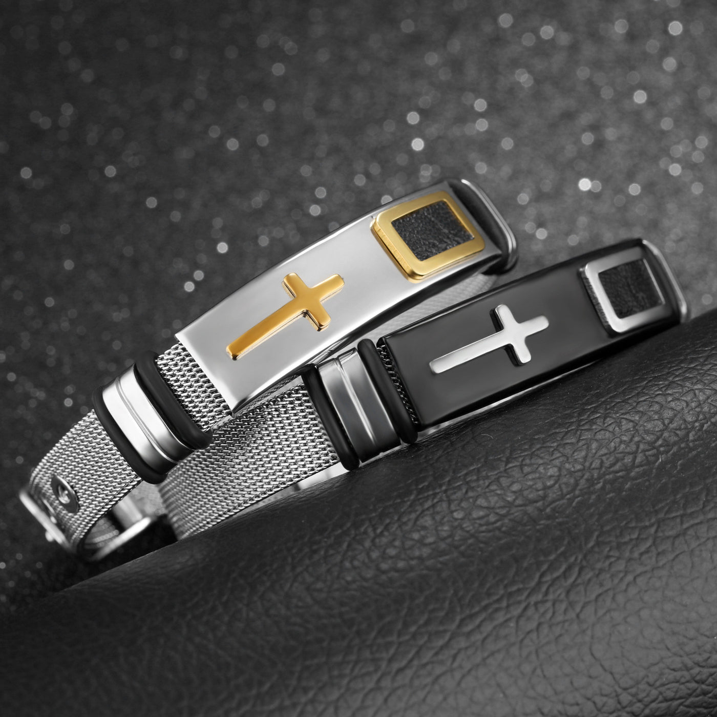 Men’s Gold Cross Steel Mesh Bracelet – Titanium Steel Christian Bracelet, Adjustable Fashion Chain Jewelry for Men