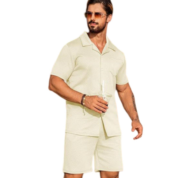 Men's Summer 2-Piece Knit Outfit | Button-Down Short Sleeve Cardigan & Matching Shorts