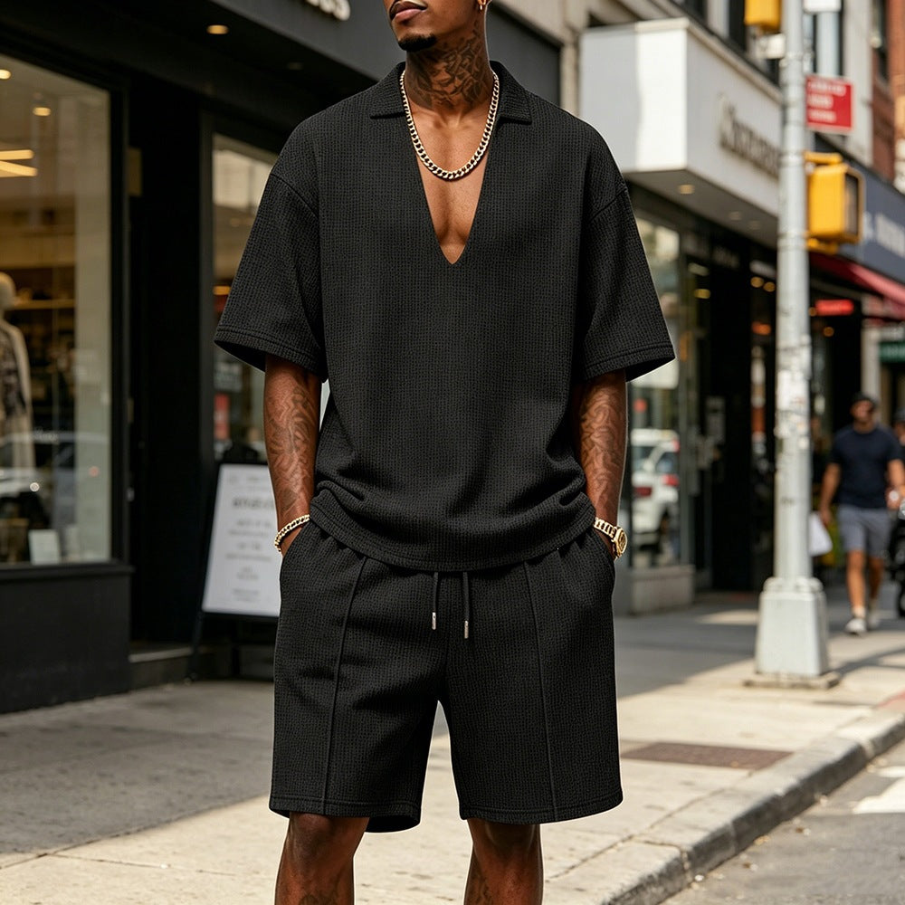 Men’s Summer Sportswear Set – V-Neck T-Shirt with Matching Shorts