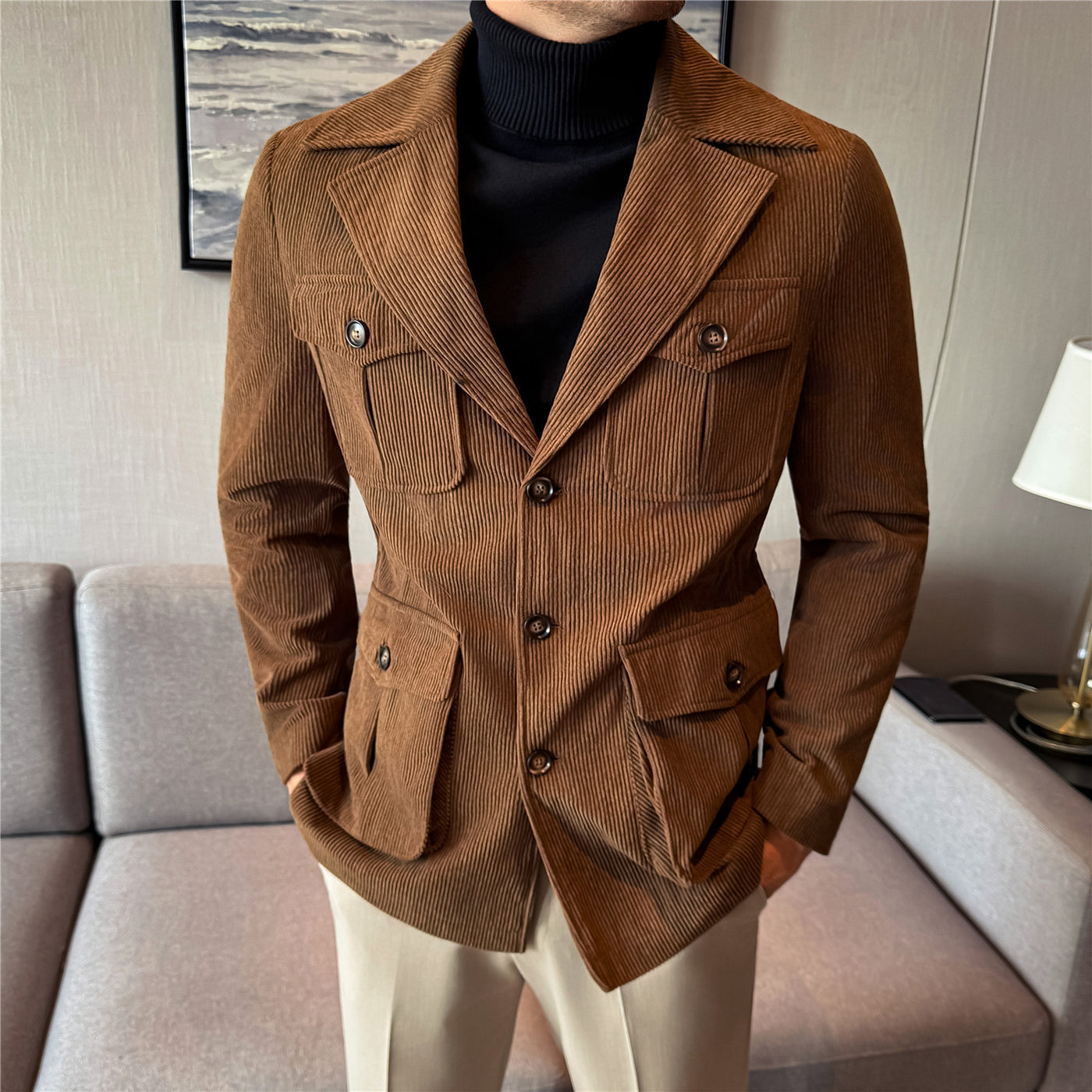 Men’s Casual Corduroy Jacket Coat – Relaxed Fit Mid-Length Outerwear